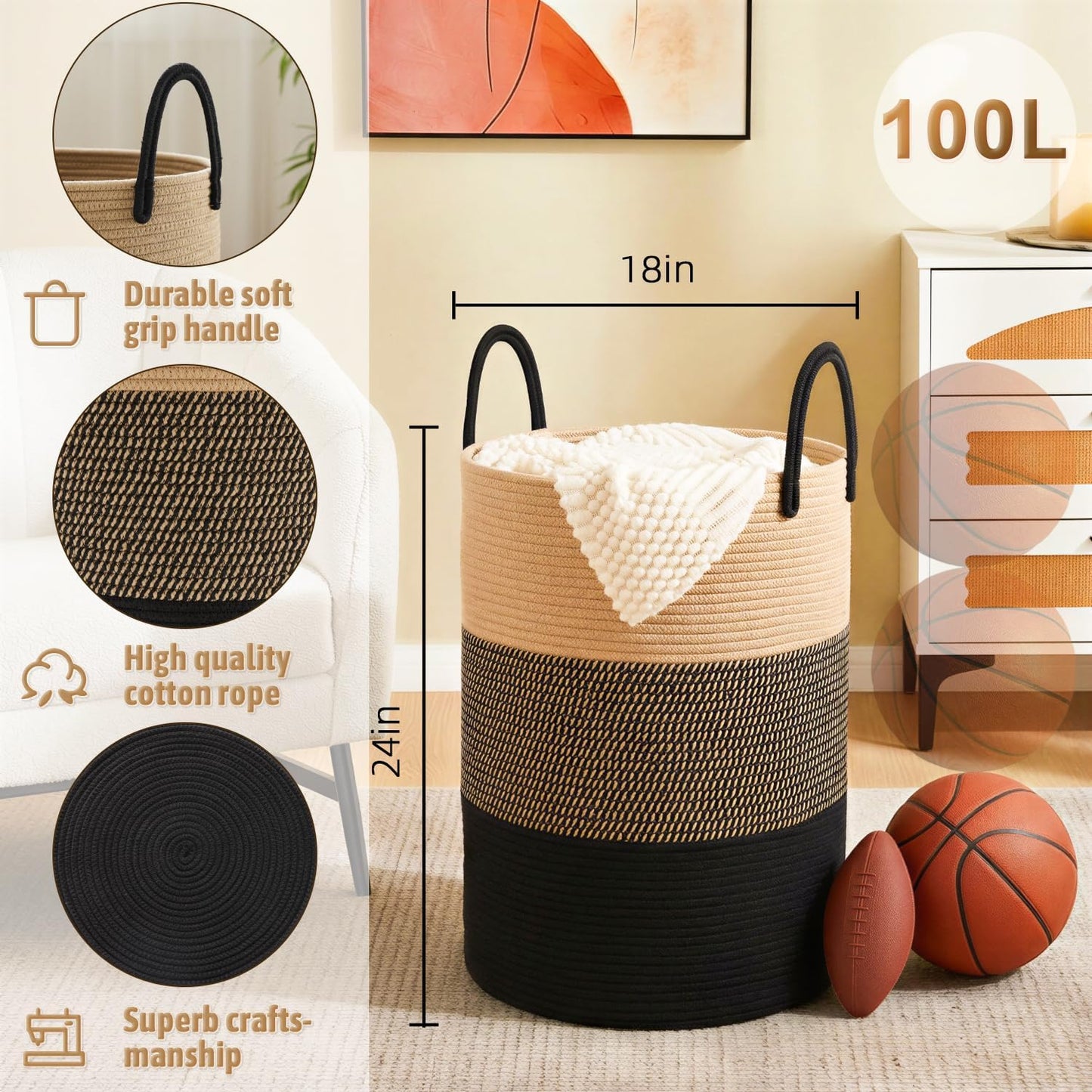 Artfeel Laundry Basket,Woven Cotton Rope Laundry Hamper,60L for Decor Storage of Dirty Clothes,Toys and Blankets in Bathroom,Baby Room and Living Room