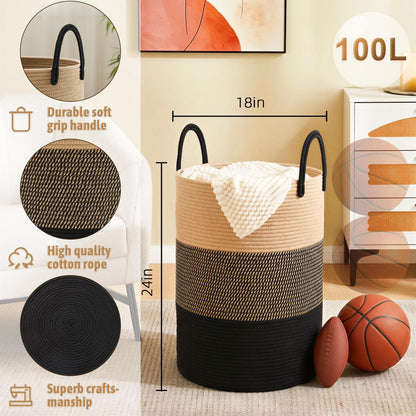 Artfeel Laundry Basket,Woven Cotton Rope Laundry Hamper,60L for Decor Storage of Dirty Clothes,Toys and Blankets in Bathroom,Baby Room and Living Room