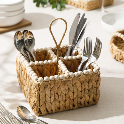 Gibson Home Riverrun Grove 17" Woven Decorative Serving Tray – Large Natural Water Hyacinth Basket w/Wood-Bead Trim & Handles for Coffee Table Décor, Ottomans, Centerpieces & Kitchen Counter Display
