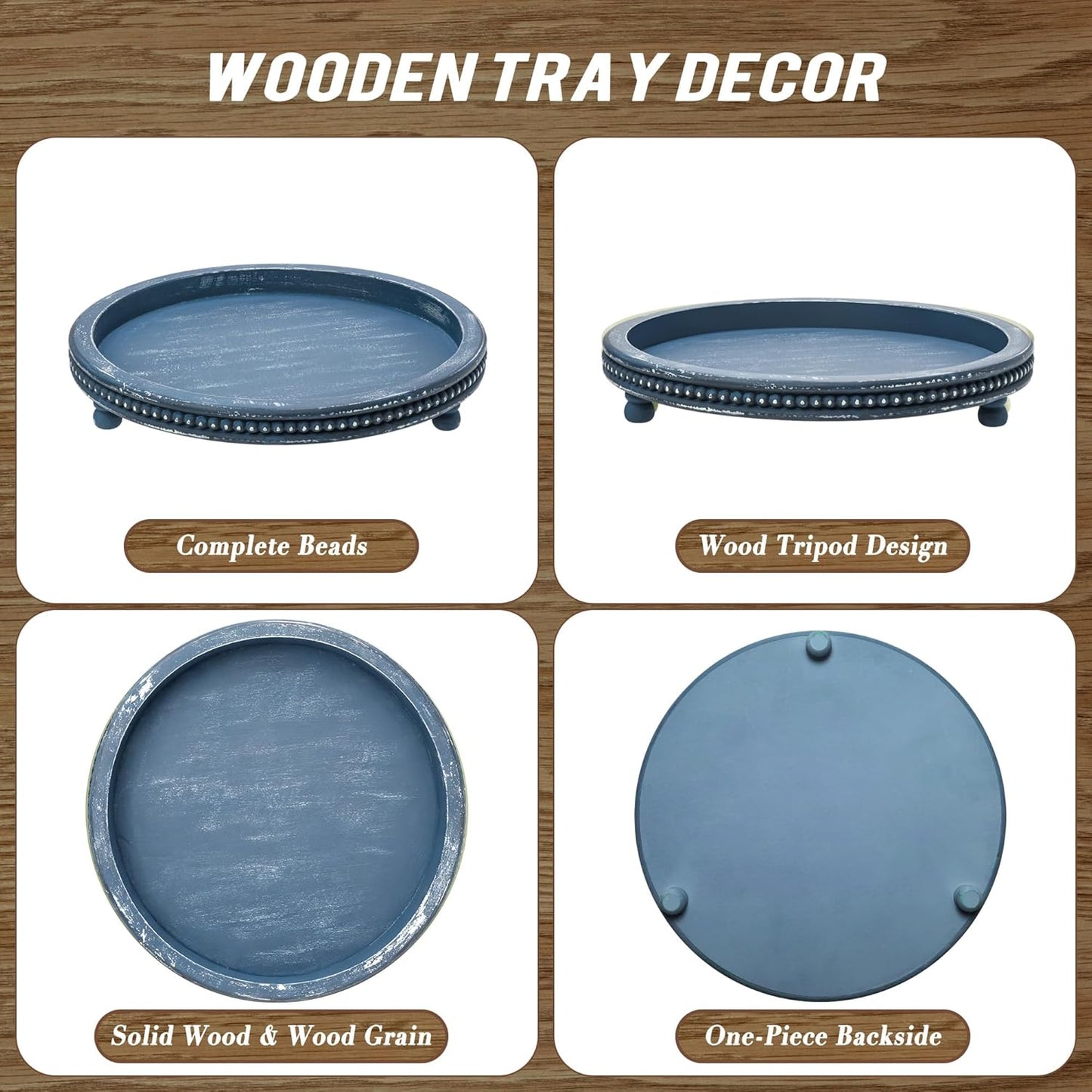 KULEDM Handmade Wooden Decorative Tray, Small Beaded Coffee Table Tray Decor, Sage Round Serving Tray for Coffee Table, Dining Room Table Entryway and Living Room Table