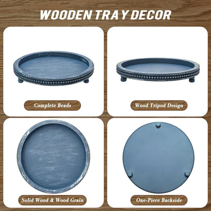 KULEDM Handmade Wooden Decorative Tray, Small Beaded Coffee Table Tray Decor, Sage Round Serving Tray for Coffee Table, Dining Room Table Entryway and Living Room Table