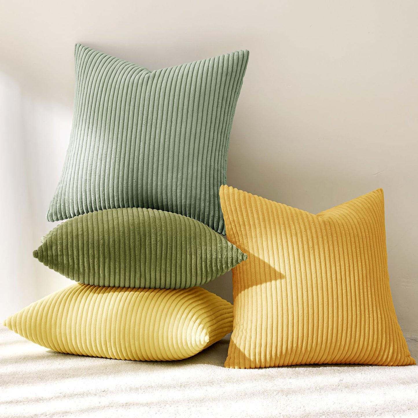 MIULEE Boho Farmhouse Sage Green Throw Pillow Covers 18x18 Inch Set of 4 Mordern Nordic Cushion Covers Soft Corduroy Spring Home Decor for Couch Bed Sofa Living Room Forest Green