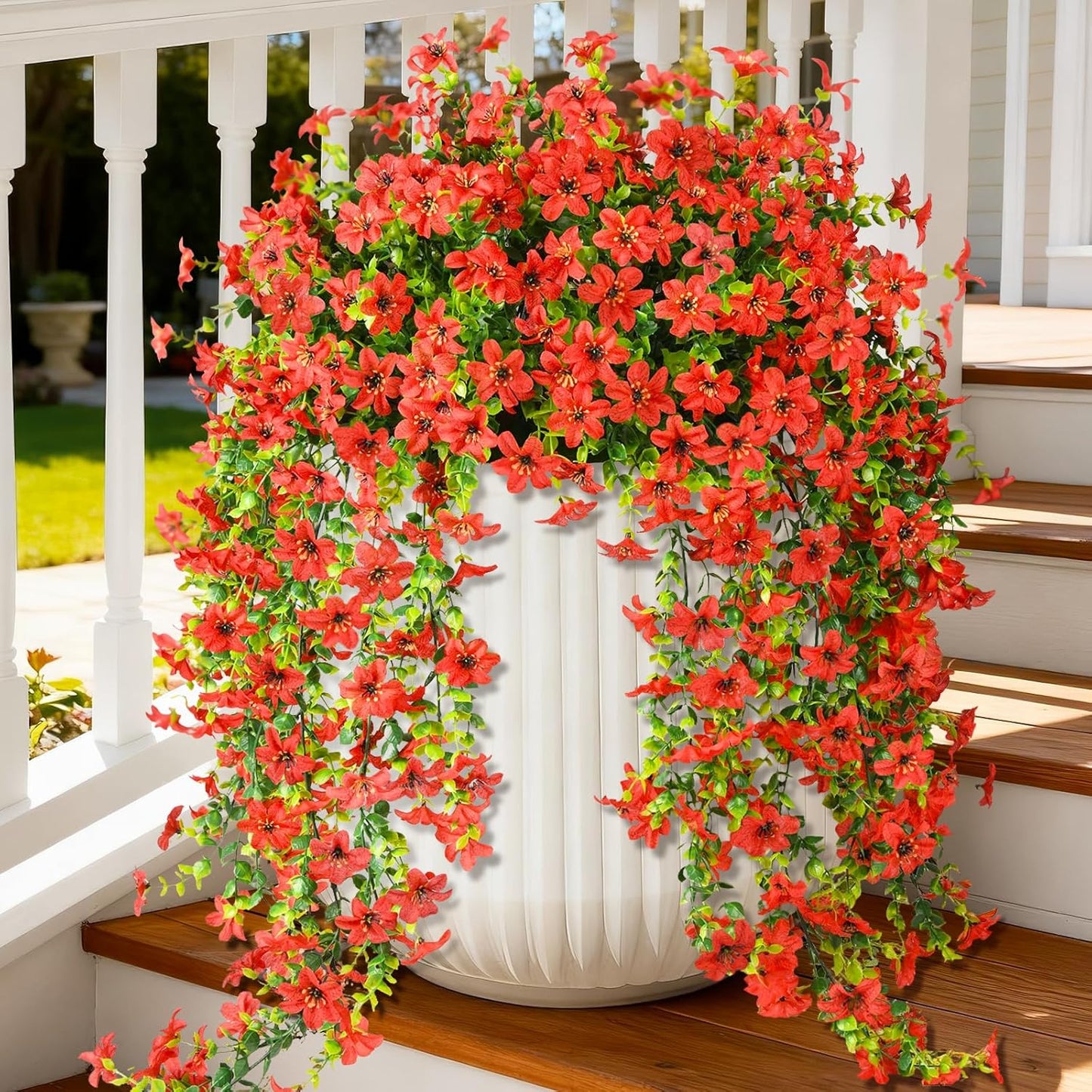 INQCMY Artificial Fake Hanging Flowers Plants for Outdoor Summer Decoration,2 PCS Faux Silk Daisy with Eucalyptus Leaves,UV Resistant Look Real for Outside Home Planter Porch Patio Balcony Yard Decor