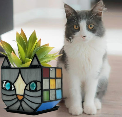 Tiffany Stained Glass Fun Moon Sleeping Cat Planter，Cactus Planter，Cute Planters for Indoor Plants,Decorative Flower Pots As Gifts for Cat Lovers，4.6x3x5.15 in