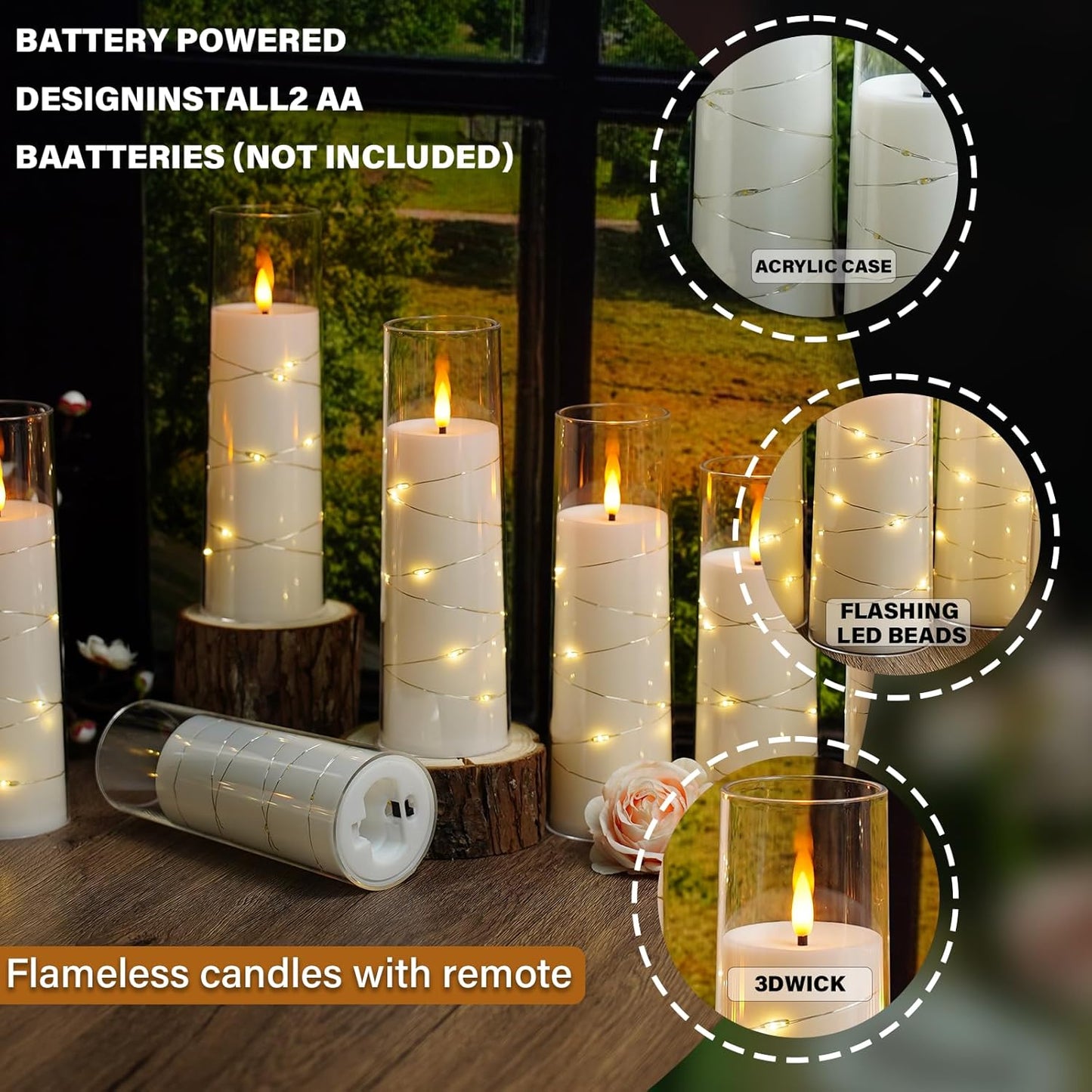 Nimiko Flickering Flameless LED Candles, 9 Pcs with Embedded Star String, Acrylic LED Pillar Candles with Remote, Suitable for Home Decoration (White)
