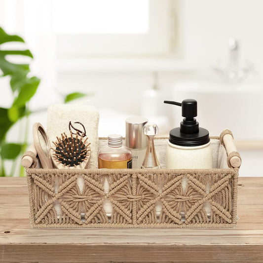 HOSROOME Macrame Storage Basket Boho Decor Baskets for Organizing Woven Decorative for Countertop Toilet Paper Basket for Tank Top for Home Decor Bedroom Nursery Livingroom Entryway (Set of 2)