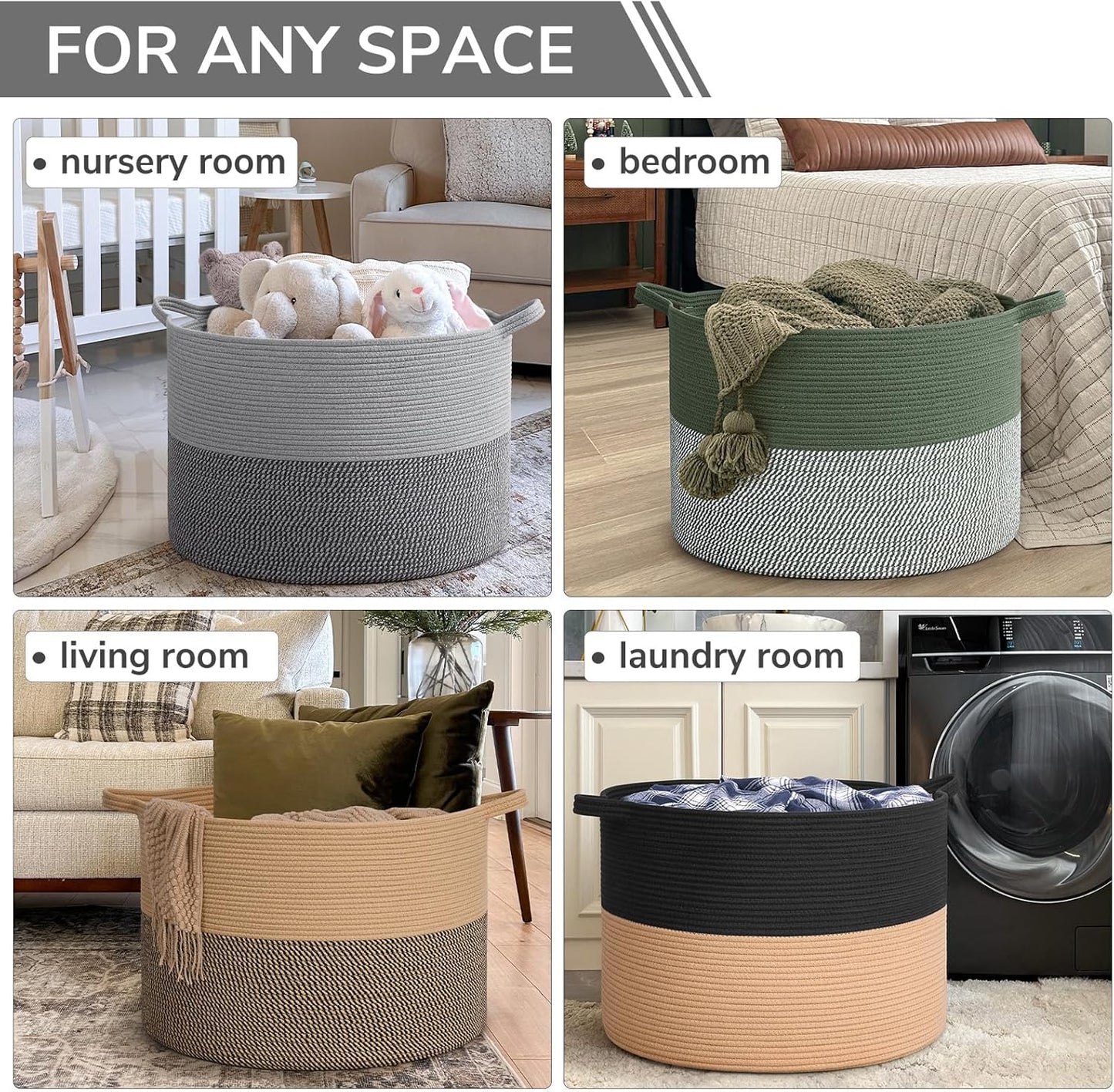 INDRESSME XXXLarge Blanket Basket for Living Room 21.7" x 21.7" x 13.8"-Storage Basket with Handle for Organizing Toy Pillows Woven Cotton Rope Laundry Basket Stuffed Animal Toy Storage for Play Room