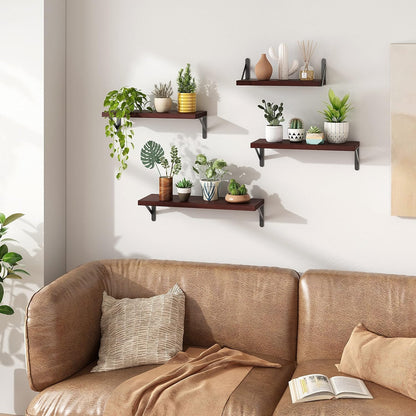 YGEOMER Floating Shelves for Wall, Different Sizes Dark Carbonized Brown Wall Shelves for Living Room, Bathroom, Bedroom, Kitchen, Home Decor (Set of 4)
