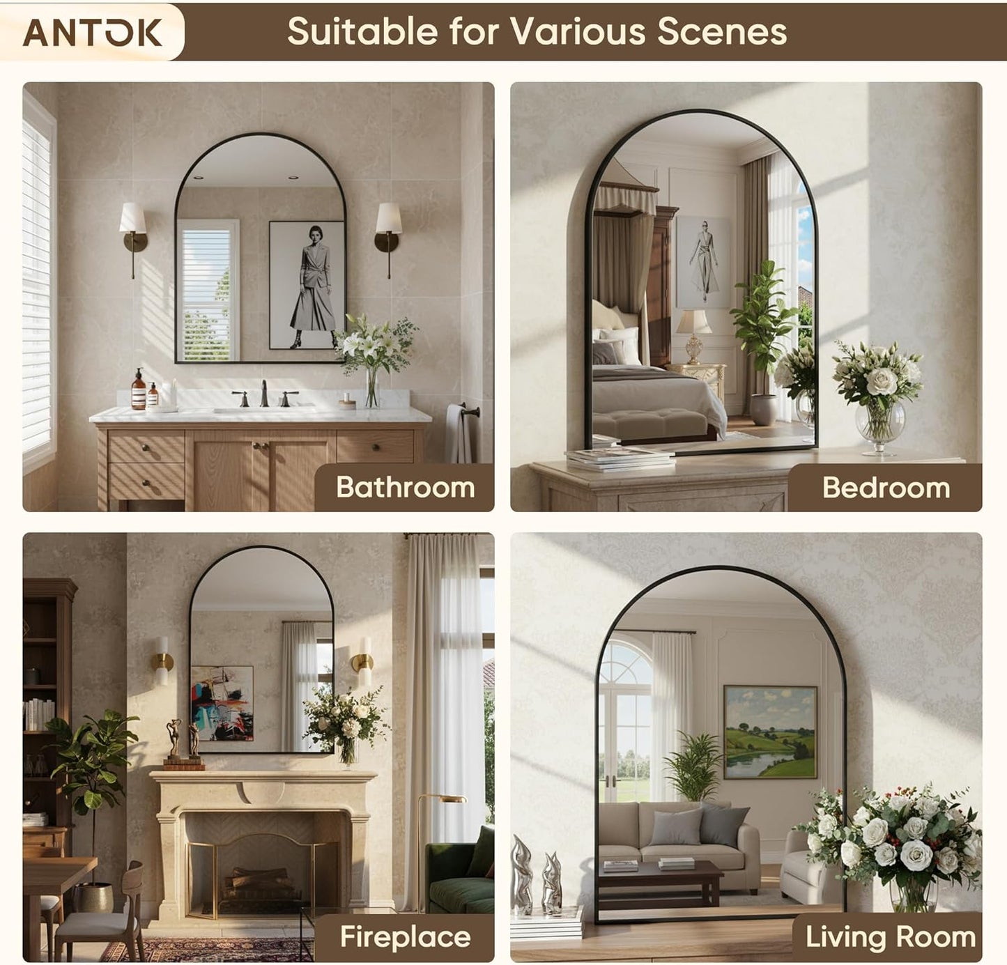Antok Arched Bathroom Mirror, 20"x30" Wall Mounted Mirror, Vanity Mirrors for Over Sink, Aluminum Alloy Frame Bathroom Mirrors Living Room, Bedroom and Entryway, Black