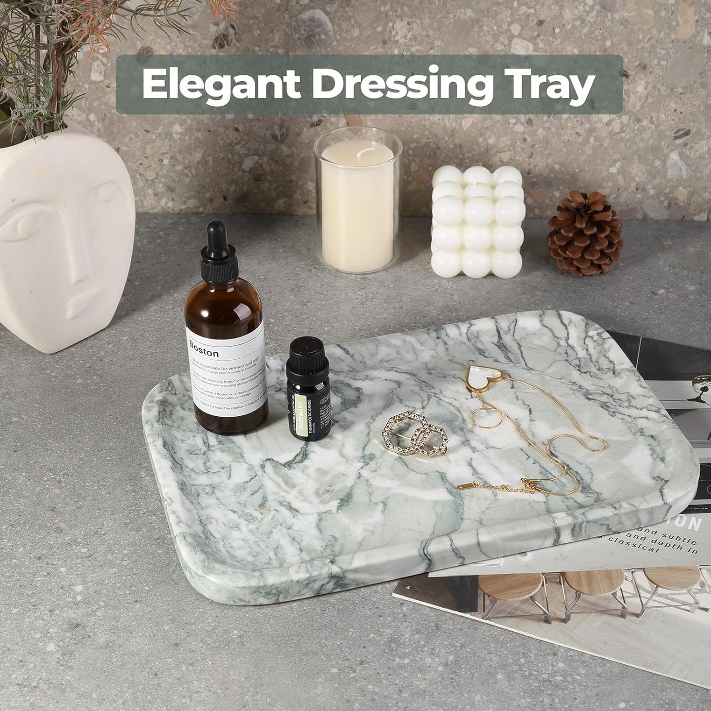 Marble Vanity Tray for Dresser Organizer, Travertine Bathroom Tray Countertop, Beige Decorative Serving Trays, Kitchen Sink Storage, Jewelry & Perfume Holder(Travertino Romano)