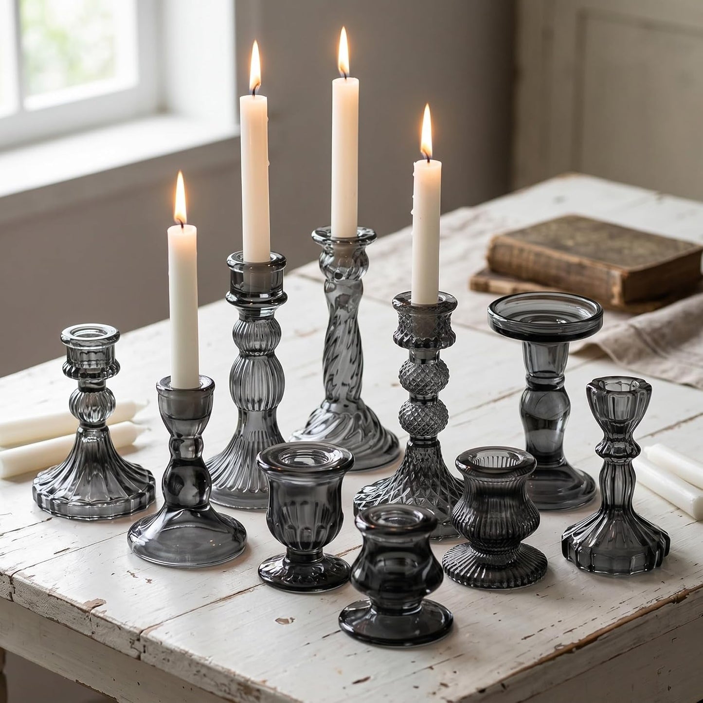 Mumufy 10 Pcs Glass Crystal Taper Candle Holders Clear Glass Candlestick Holder Fit 0.8 Inch Candles Crystal Decorative Candle Stand Centerpiece Table Wedding Dining Party (Classic,Clear)