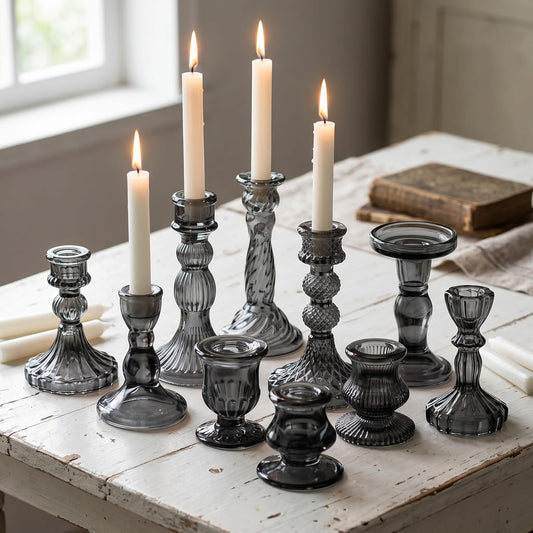 Mumufy 10 Pcs Glass Crystal Taper Candle Holders Clear Glass Candlestick Holder Fit 0.8 Inch Candles Crystal Decorative Candle Stand Centerpiece Table Wedding Dining Party (Classic,Clear)