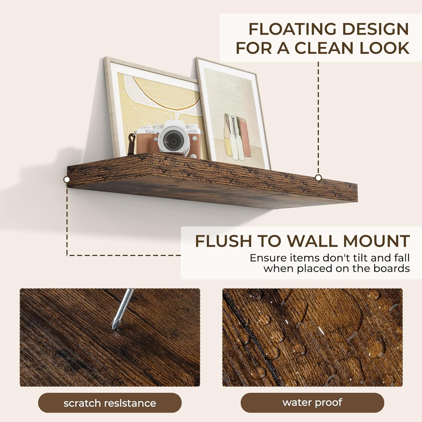 RICHFOCUS 72Inch Floating Shelves for Wall 2 Pack Shelves for Bedroom|Kitchen|Bathroom Wall Mounted Rustic Wood Floating Shelf with Invisible Brackets for Books|Storage|Decor, Rustic Brown