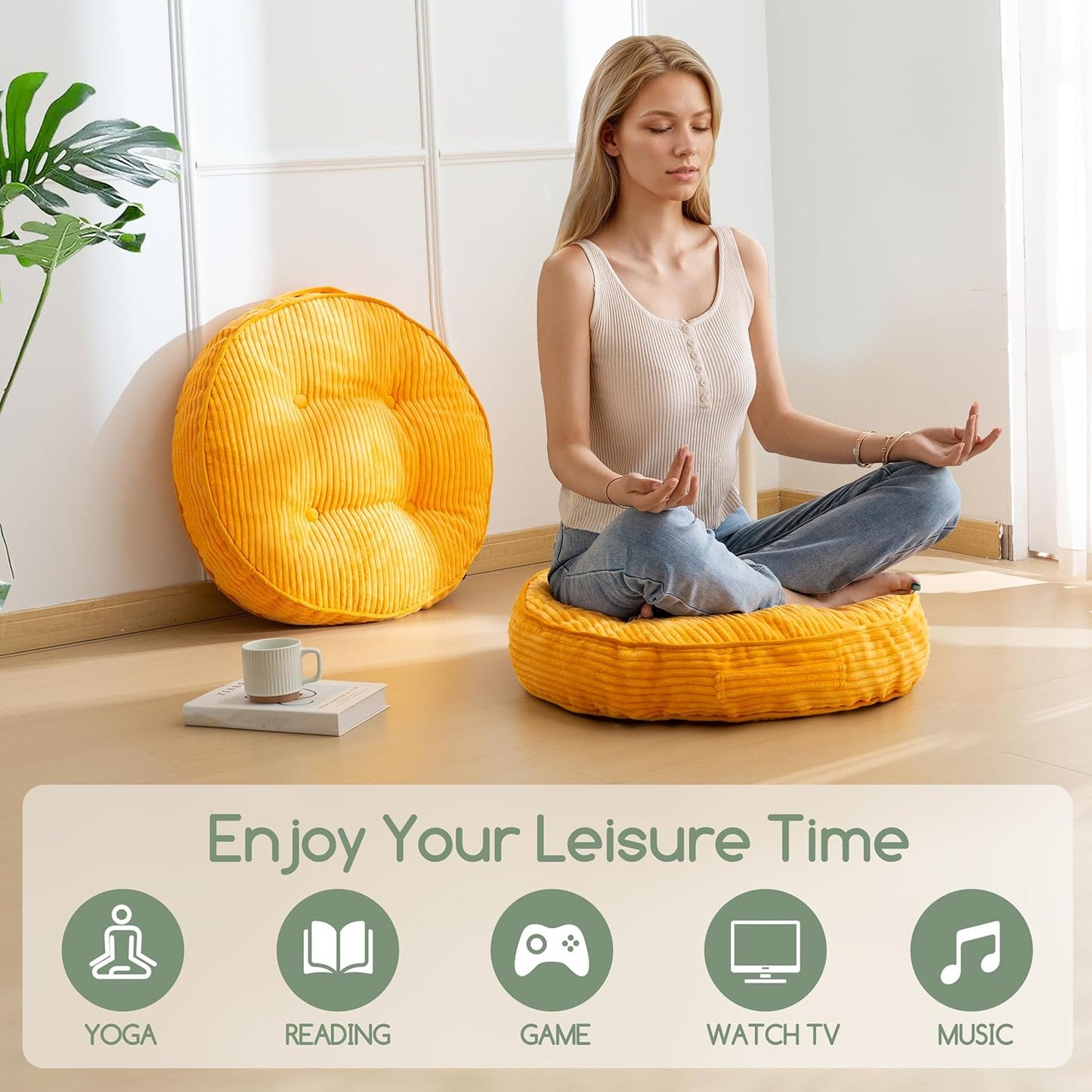 HIGOGOGO 6" Extra Thick Floor Pillow Cushion for Adults, Meditation Cushion Pillow, Large Square Floor Sitting, Tufted Corduroy Cover, for Tatami Living Room or Yoga, 22x22 Inch, 2Pack, Dark Grey