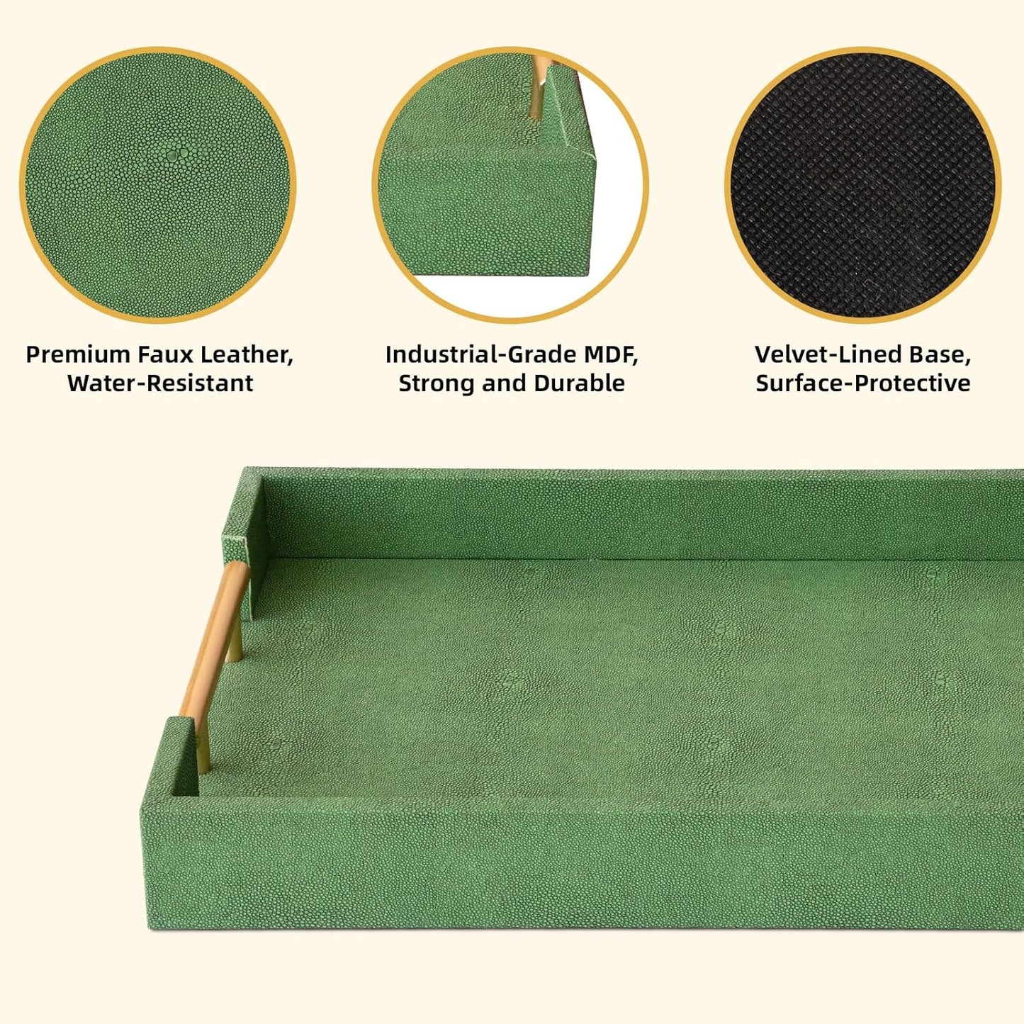 Modern Decorative Tray Set of 2 Ivory Shagreen Leather and Wood Serving Tray with Gold Polished Metal Handles for Ottoman, Coffee Table, Bathroom and More