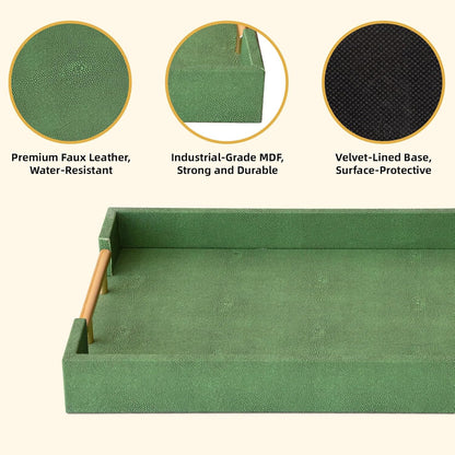 Modern Decorative Tray Set of 2 Ivory Shagreen Leather and Wood Serving Tray with Gold Polished Metal Handles for Ottoman, Coffee Table, Bathroom and More
