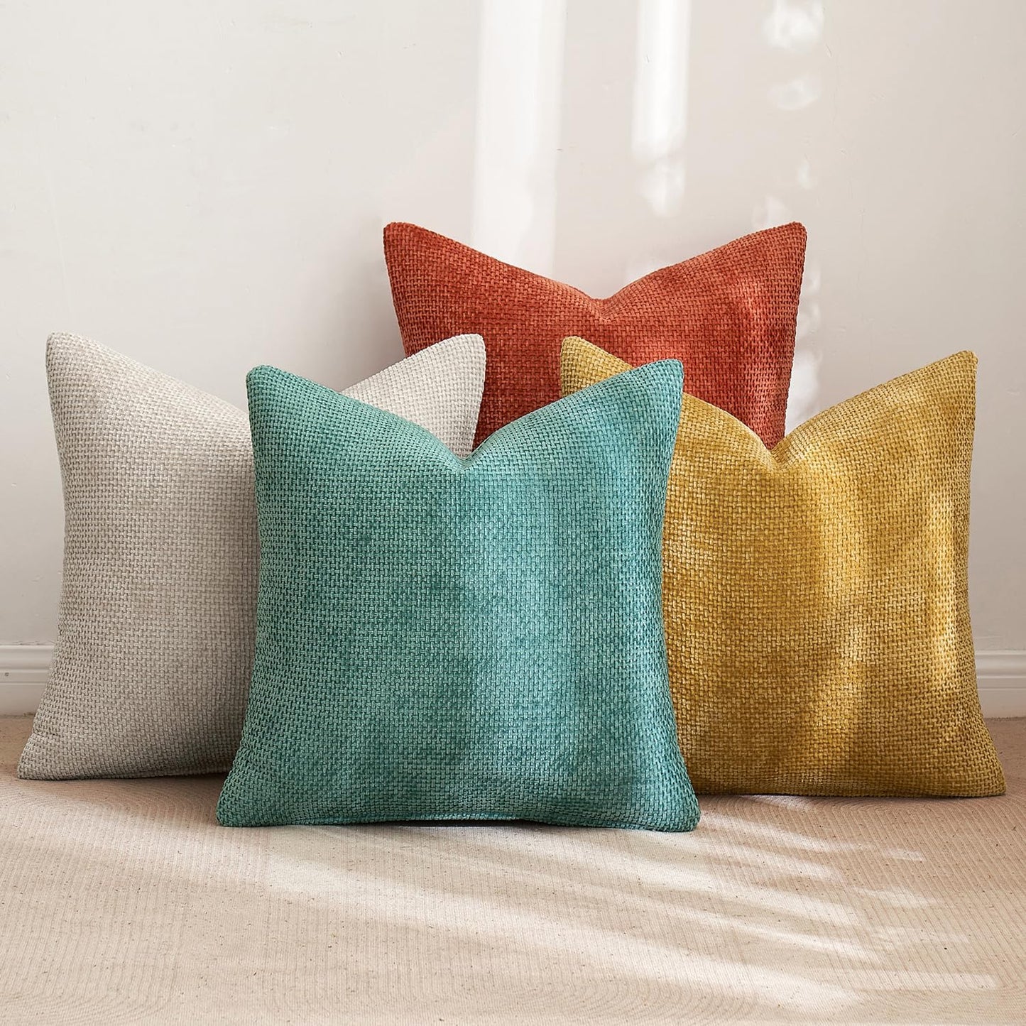 MIULEE Pack of 4 Couch Throw Pillow Covers 18x18 Inch Neutral Soft Decorative Chenille Pillow Covers Farmhouse Boho Cushion Covers for Mid Century Modern Spring Home Decor Sofa Bedroom Living Room
