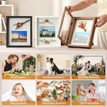 8x10 Deep Shadow Box Picture Frame Display Case with Linen Back and Stand,Real Glass Black Shadow Memory Box Frame 8x10 for Flower Baby Pet Wedding Photo Art Craft Memorial Wall Decor Gift
