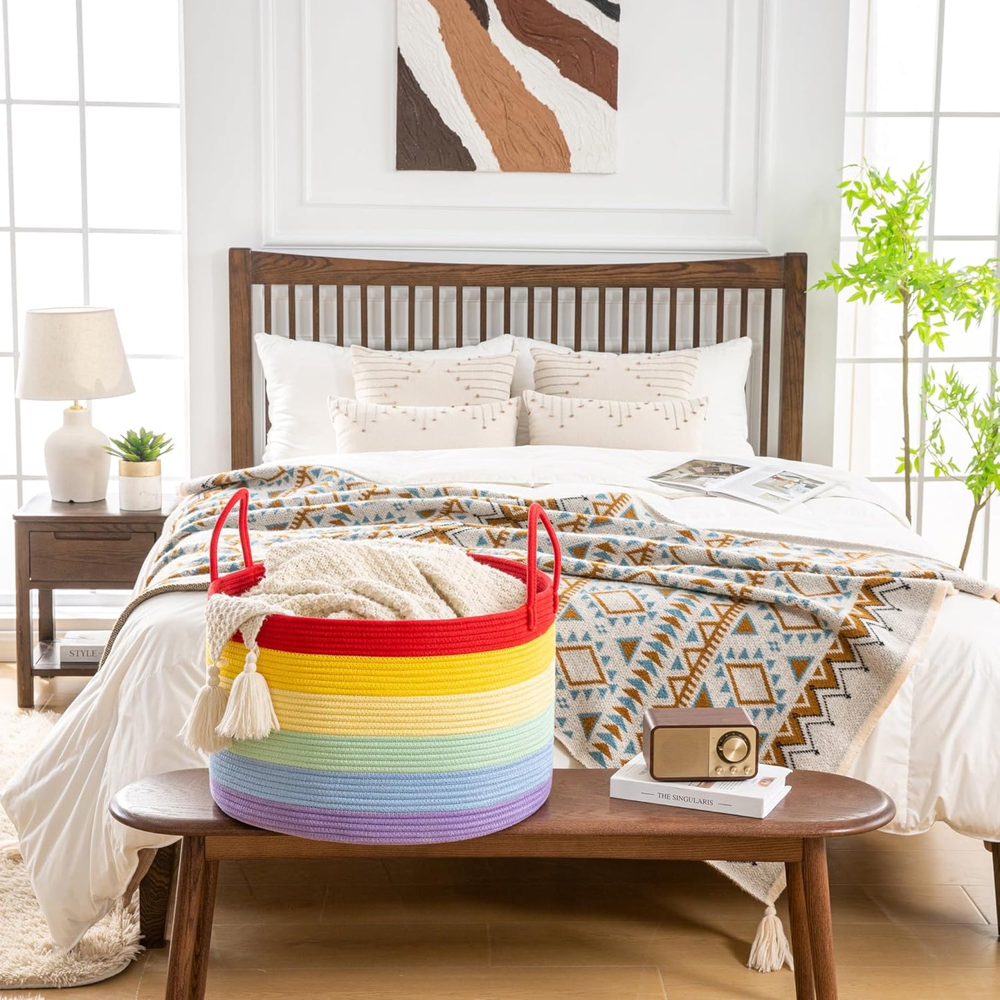 KAKAMAY Large Blanket Basket (20"x13"),Woven Baskets for storage Baby Laundry Hamper, Cotton Rope Blanket Basket for Living Room, Laundry, Nursery, Pillows, Baby Toy chest (White/Brown)