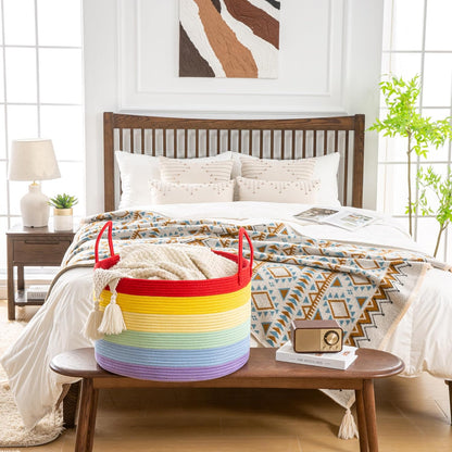 KAKAMAY Large Blanket Basket (20"x13"),Woven Baskets for storage Baby Laundry Hamper, Cotton Rope Blanket Basket for Living Room, Laundry, Nursery, Pillows, Baby Toy chest (White/Brown)