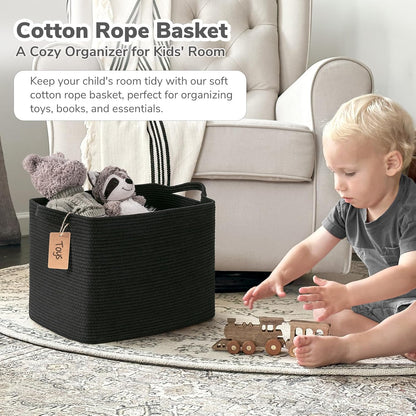 Goodpick Woven Storage Basket, Cotton Rope Basket for Dog Toys, Books, Stylish Gift Basket with Handles, 13 x 10 x 9 Inches Square Baskets for Organizing, Brown and White