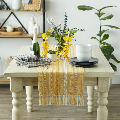 DII Farmhouse Braided Stripe Table Runner Collection, 15x72 (15x77, Fringe Included), Black