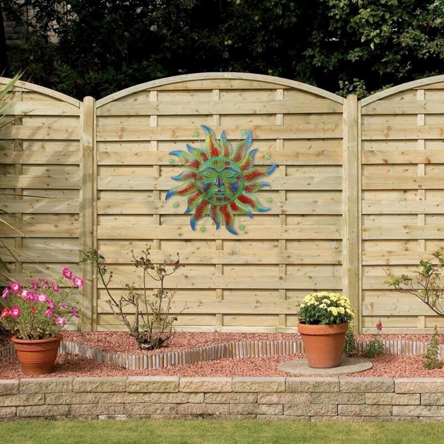 Large Metal Sun Wall Decor Outdoor, 27 Inch Sun and Moon Decor Metal Wall Art, 3D Sun Wall Decor for Patio Garden Yard Fence Bedroom Living Room Decoration