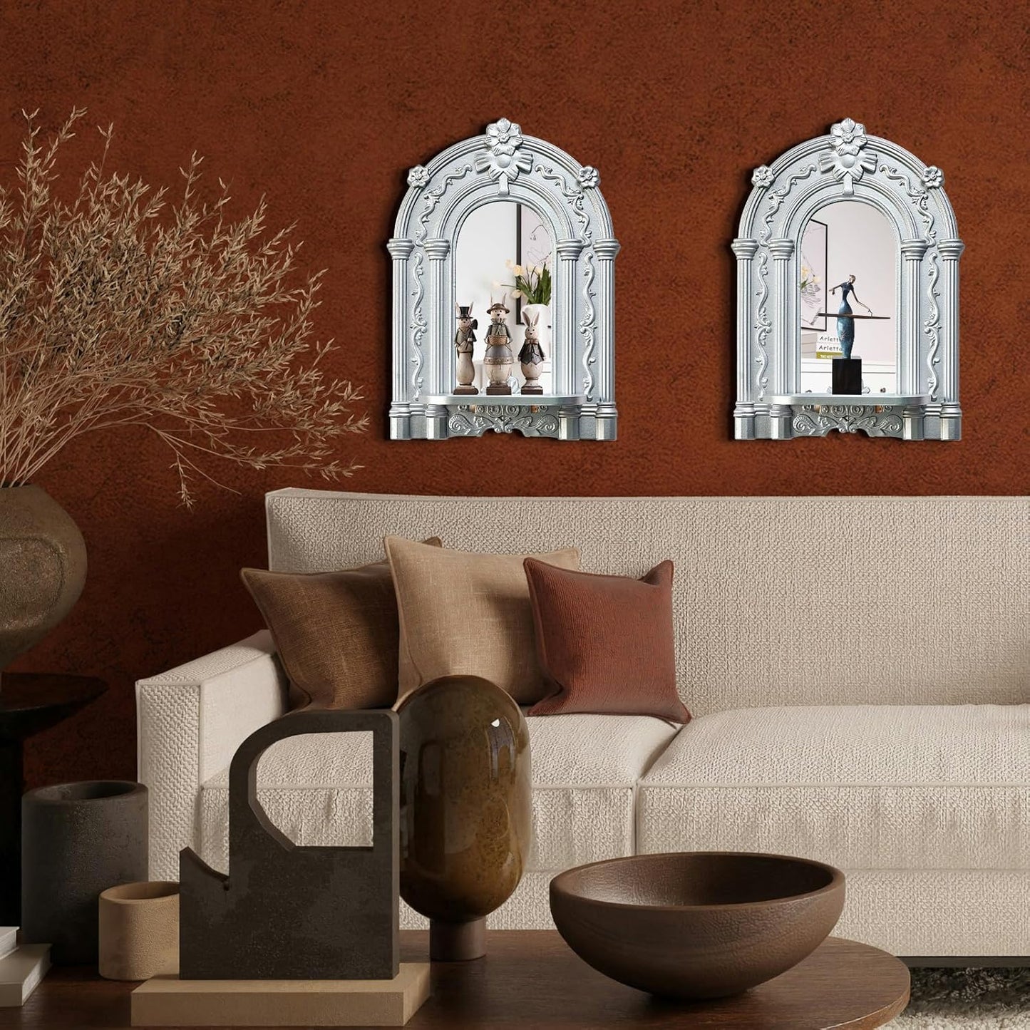 Three-Dimensional Relief Candle Sconces Set 2 Rustic Wall Mount Candle Holders Wood Hanging Wall Decor Mirrored Wall Art Hand Carved Home Decoration Gold