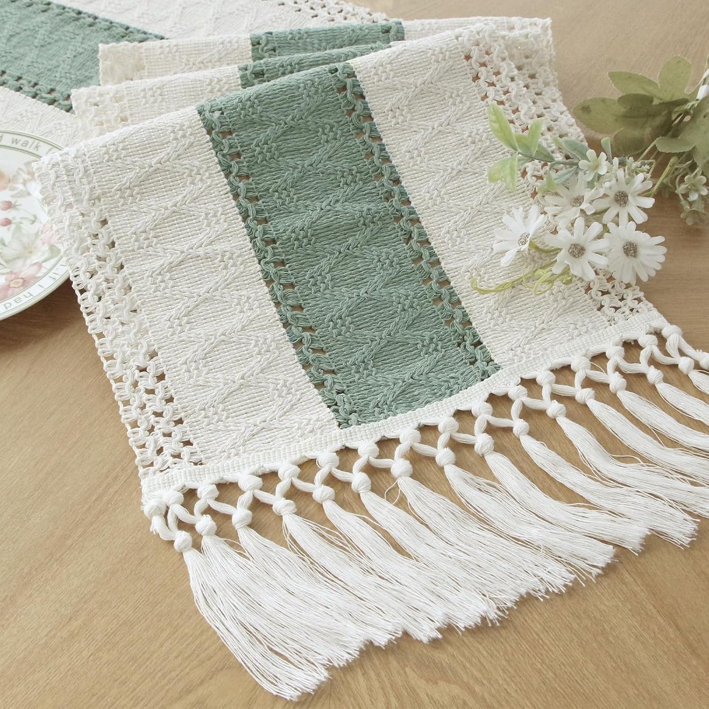 FEXIA Boho Table Runner for Thanksgiving Fall Christmas Home Decor with Tassels 72 Inches Long Pottery barn Furniture Farmhouse Rustic Macrame Burlap Table Decoration for Living Room (12x72 Inches)