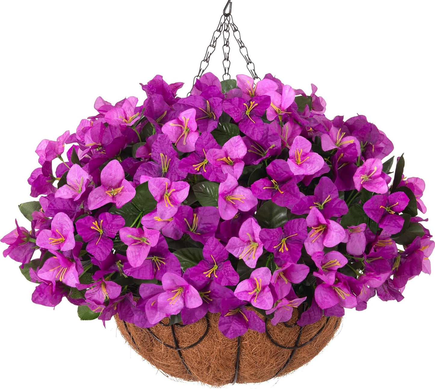 Artificial Hanging Flowers Faux Plants Basket for Outdoors Spring Summer Decor, Fake Silk Bougainvillea in Planter Outdoor Look Real UV Resistant Faux Flower for Outside Porch Patio Garden Home, White