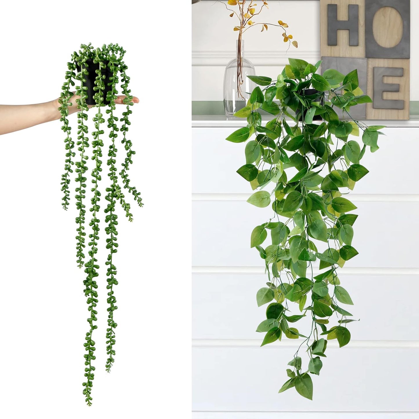 Sggvecsy Fake Hanging Plants 6 Pack Artificial Hanging Eucalyptus Plants Potted Greenery Faux Mandala Vine String of Pearls Boston Fern Ivy Vine Leaves Pea Pod for Home Indoor Outdoor Shelf Wall Decor