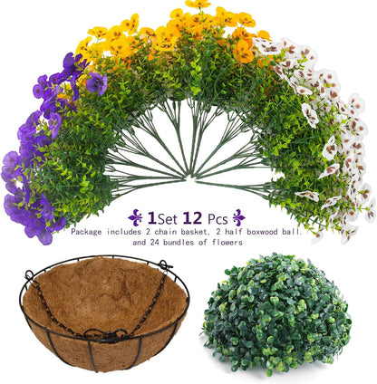 lovemoon 2 Sets Artificial Hanging Pansy Flowers with Baskets, 24 Pcs UV Resistant Faux Silk Pansy Outdoor Hanging Flower for Porch Patio Garden Home Spring Decor (2, White,Yellow,Purple)