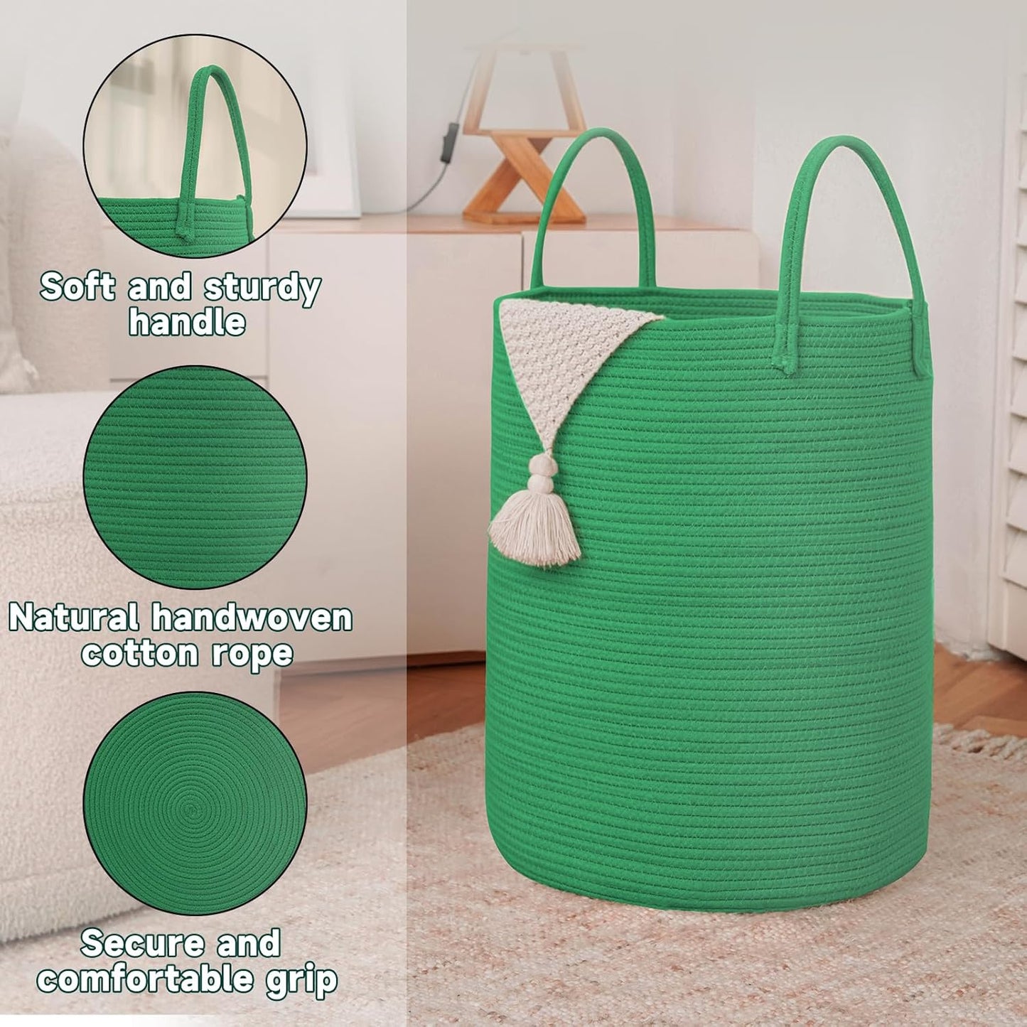 JMvicyroam Large Woven Laundry Basket Hamper,60L Cotton Rope Storage Bin for Blankets,Toys and Clothes,Decorative Tall Nursery Hamper for Living Room,Baby Nursery,Bathroom and Bedroom,Brown