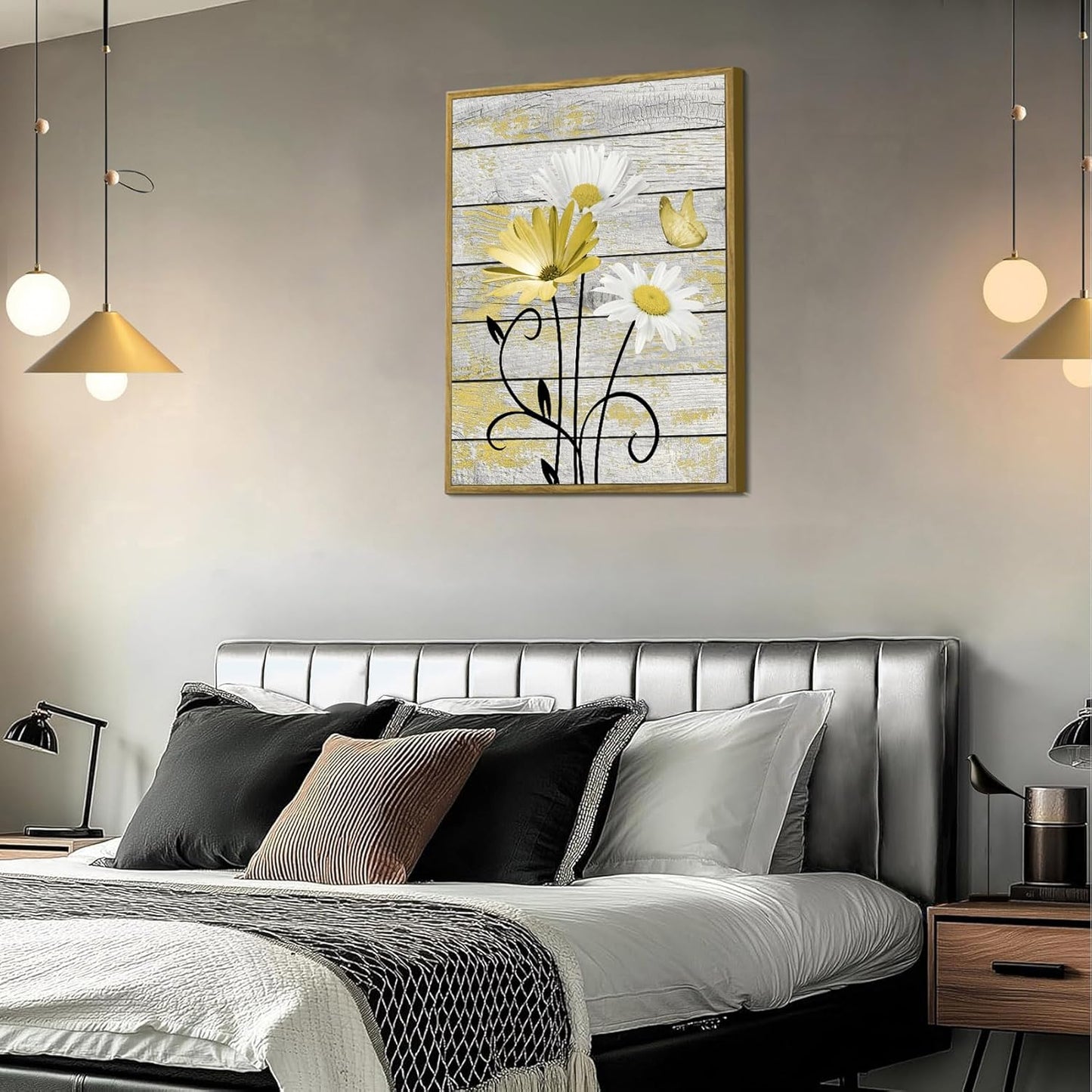 HVEST Farmhouse Floral Wall Art for Living Room, Blue and White Daisy Flower and Butterfly on Rustic Wood Board Canvas Wall Art Framed Artwork Ready to Hang for Bathroom Bedroom Decor, 16L X 12W