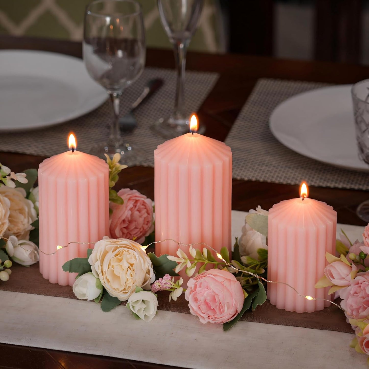 3 Pack White Ribbed Pillar Candles - Soy Wax Unscented, 2.76" x4.2/4.9/5.9 in Smokeless Non Toxic Cotton Wick, Aesthetic Modern Candles for Home Decor, Dinner Table, Living Room, Housewarming Gift
