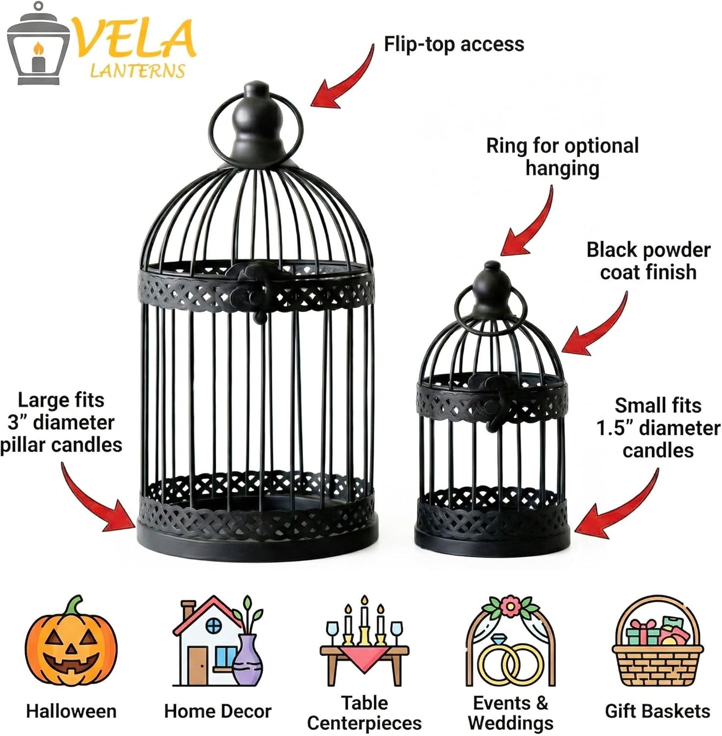 Vela Lanterns Bird Cage Decor Candle Holder Lantern Decorative Wedding Table Centerpiece Decorations, White, Small, Set of 4