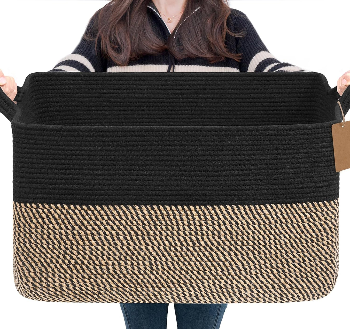 Goodpick Woven Storage Basket, Cotton Rope Basket for Dog Toys, Books, Stylish Gift Basket with Handles, 13 x 10 x 9 Inches Square Baskets for Organizing, Brown and White