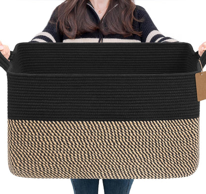 Goodpick Woven Storage Basket, Cotton Rope Basket for Dog Toys, Books, Stylish Gift Basket with Handles, 13 x 10 x 9 Inches Square Baskets for Organizing, Brown and White