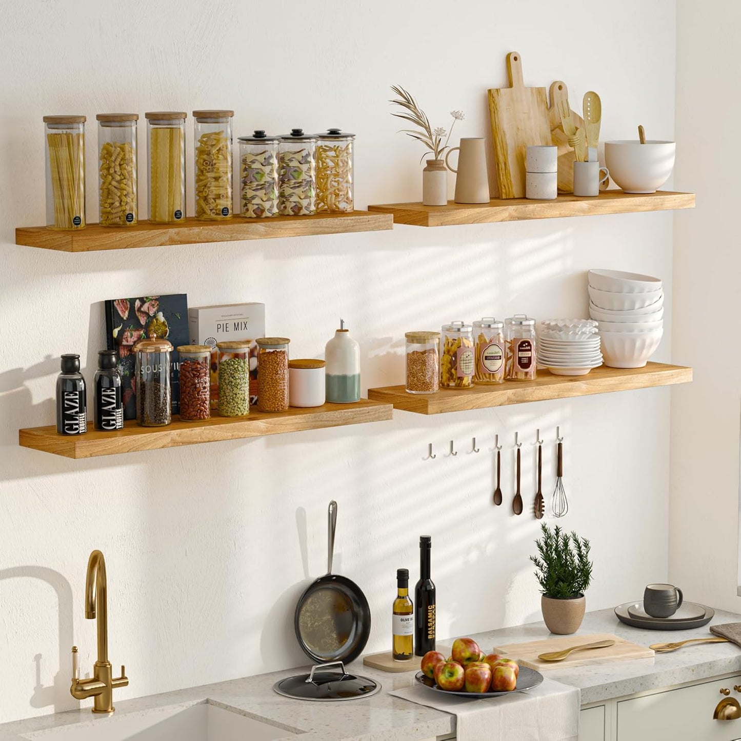 Floating Shelves 36 Inches Long - 8 Inch Deep Rustic Premium Solid Pine Wood for Storage - Farmhouse Wall Mounted for Living Room - Heavy-Duty Metal Bracket - 36" W x 8" D - Set of 2 - White Color