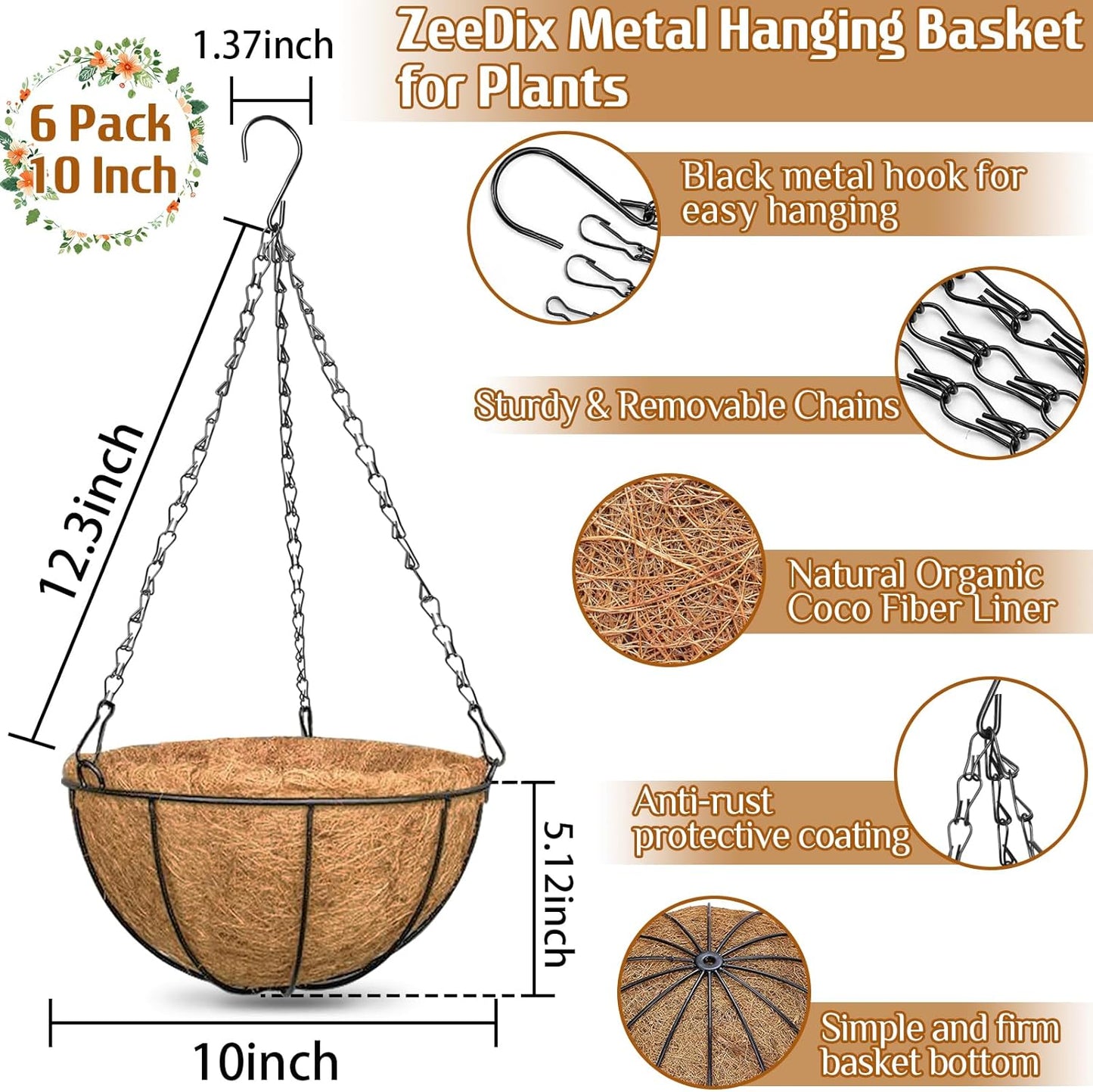 ZeeDix 2 Pack 14 Inch Hanging Baskets for Plants Outdoor, Metal Wire Round Planters with Coco Liner, Hanging Flower Baskets for Home Garden Porch Balcony Railings Decor