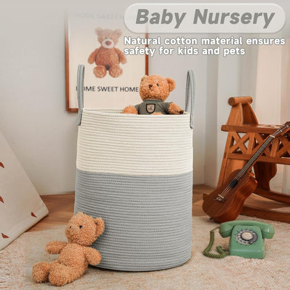 JMvicyroam Large Woven Laundry Basket Hamper,60L Cotton Rope Storage Bin for Blankets,Toys and Clothes,Decorative Tall Nursery Hamper for Living Room,Baby Nursery,Bathroom and Bedroom,Brown