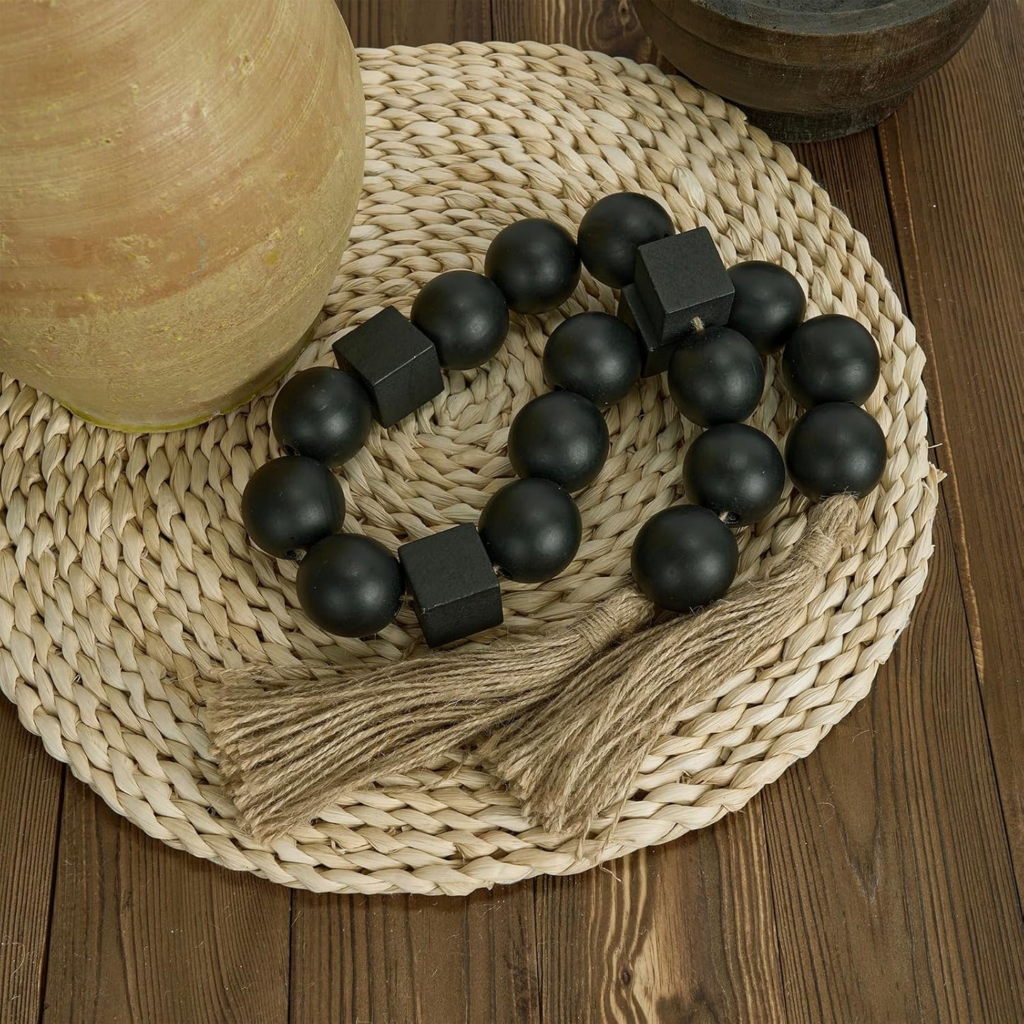 OMISHE Extra Large Wood Bead Garland with 1.6" Diameter Wooden Beads and Tassels, 41" Long Rustic Farmhouse Country Decorative Beads for Home Tiered Tray Decor, Natural Beige