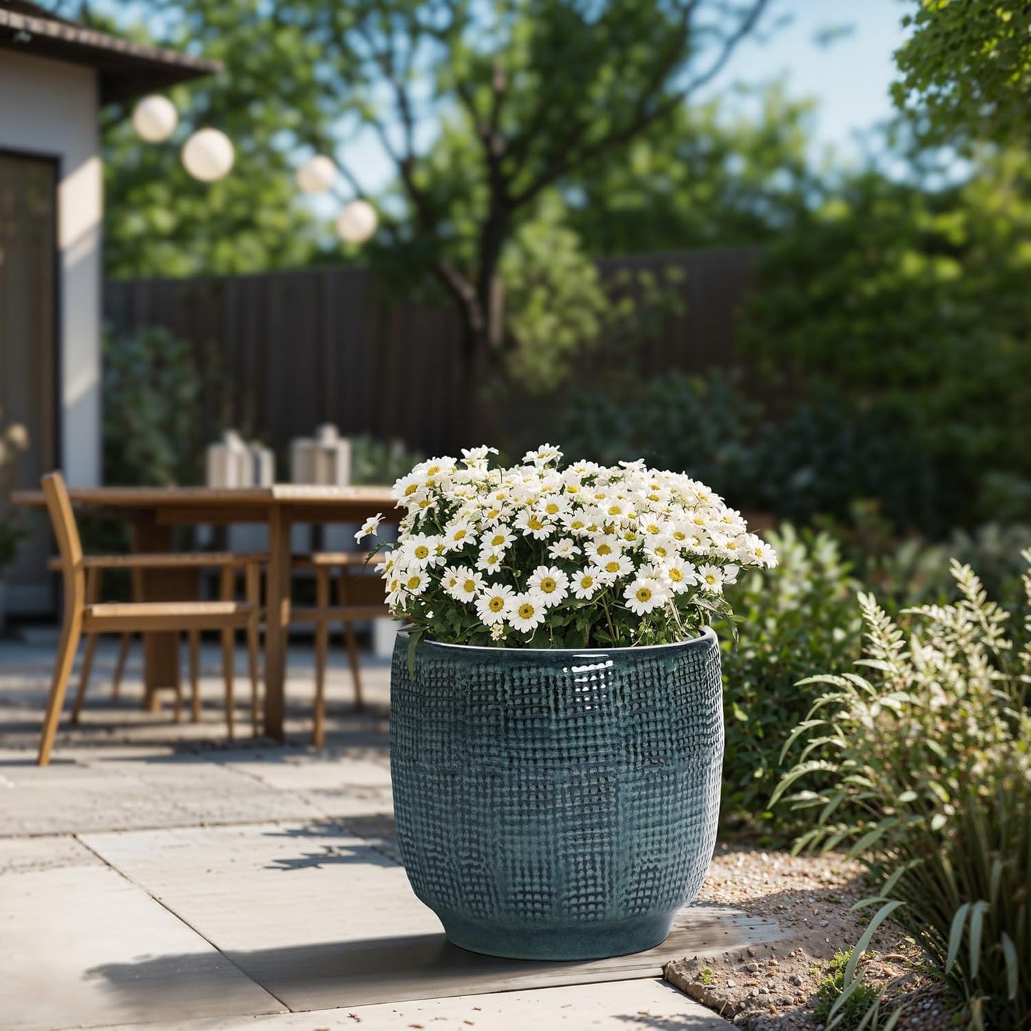 LuxenHome 15.75" Dia Large Ceramic Pots for Plants, Blue Glazed Planters for Outdoor Plants, Round Indoor Flower Pots with Drainage Hole and Rubber Plug for Home Garden Patio
