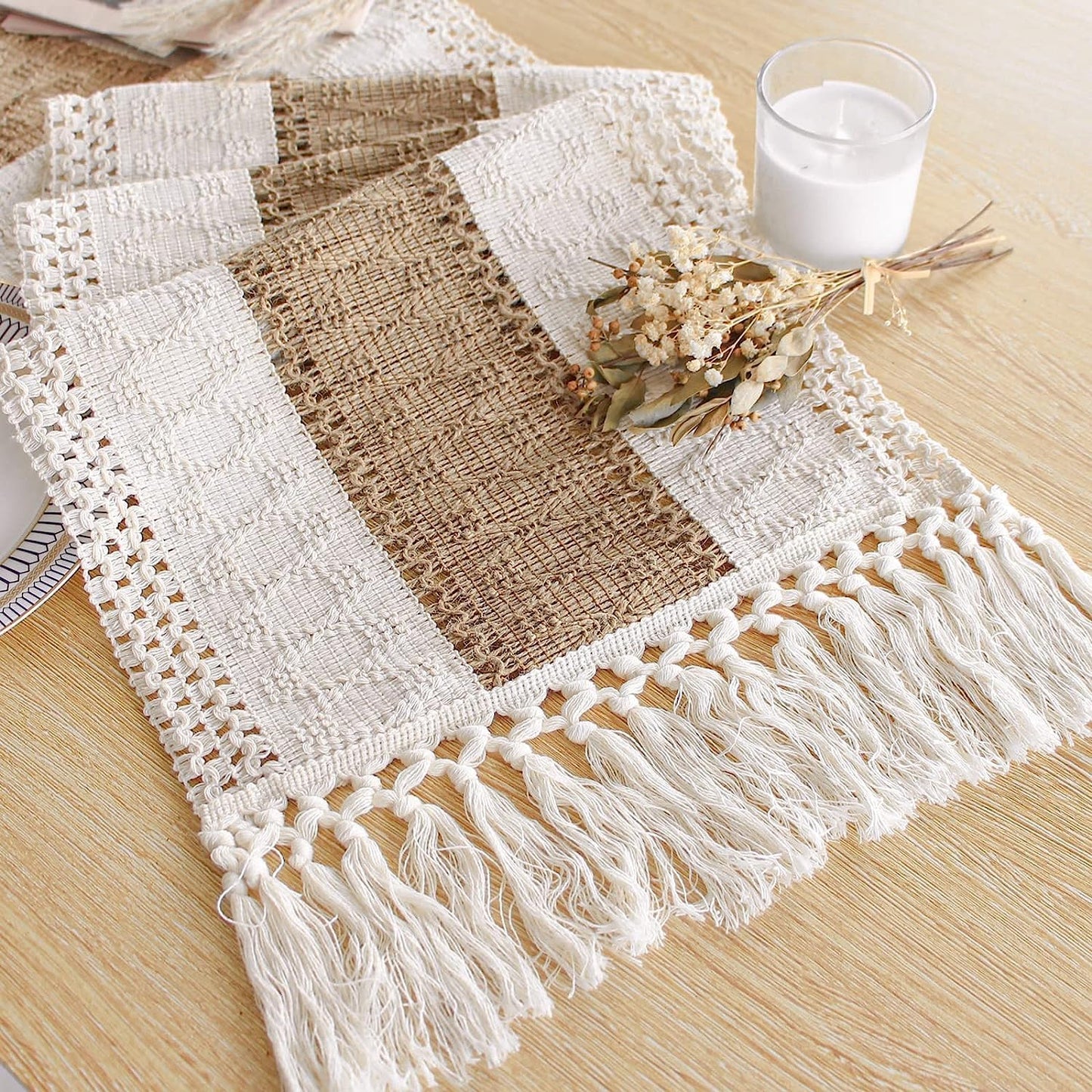 FEXIA Boho Table Runner for Thanksgiving Fall Christmas Home Decor with Tassels 72 Inches Long Pottery barn Furniture Farmhouse Rustic Macrame Burlap Table Decoration for Living Room (12x72 Inches)