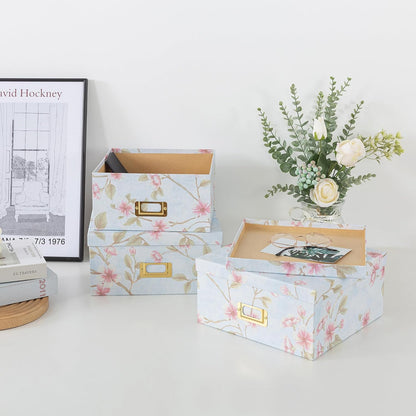 Soul & Lane Decorative Cardboard Storage Boxes - Set of 3 Square Stacking Boxes with Lids and Gold Label Holders, Nesting Photo Storage for Decor and Organizing, Botanical Sage