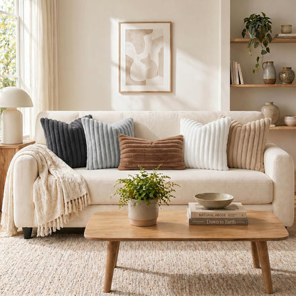 Pallene Faux Fur Plush Throw Pillow Covers 18x18 Set of 2, Luxury Soft Fluffy Striped Decorative Pillow Covers for Sofa, Couch, Living Room, Cream White