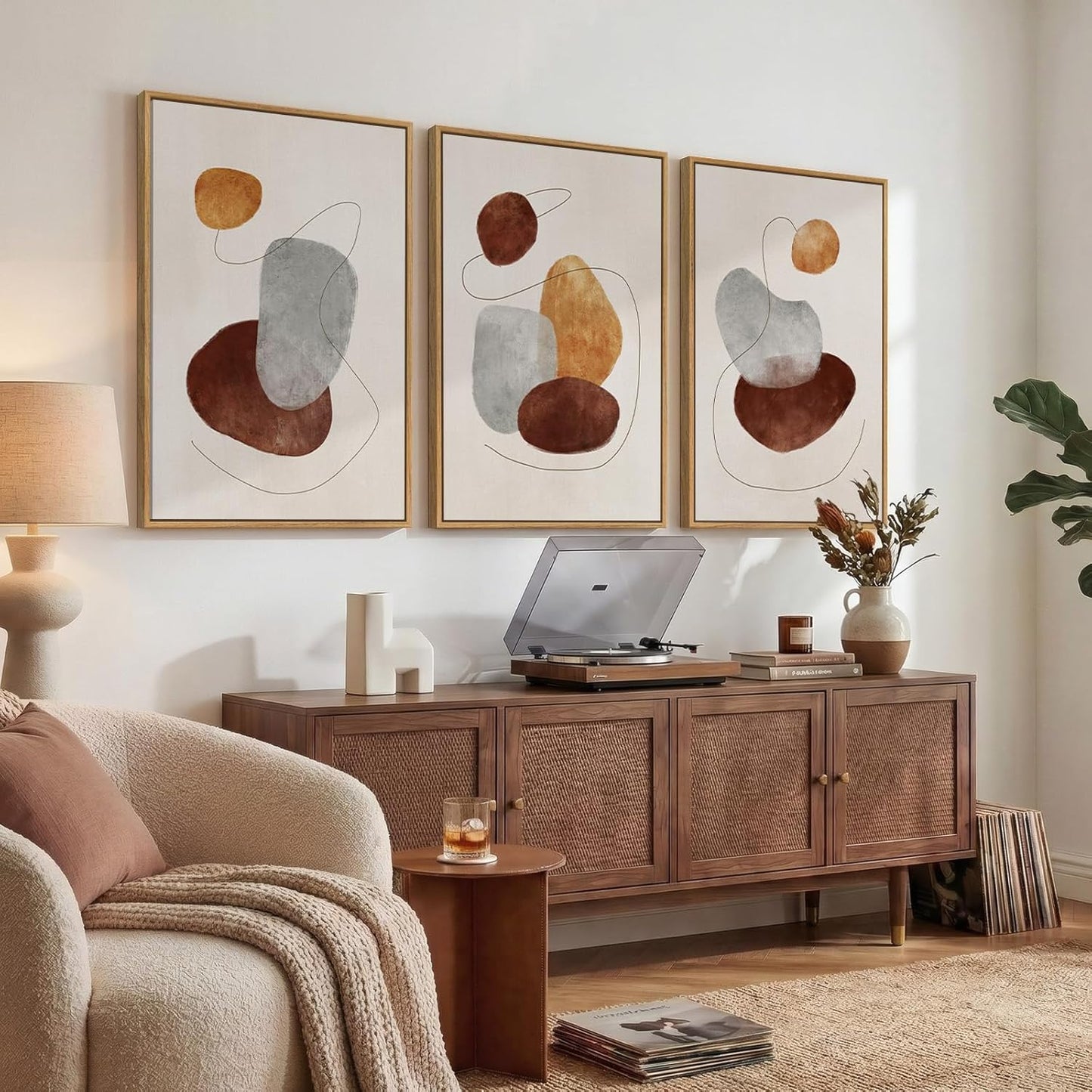 Large Framed Neutral Abstract Wall Art for Living Room, 3 Piece Modern Canvas Prints Paintings Artwork for Walls, Black and Beige Pictures for Living Room Hallway Stair Office Wall Decor 24x36 Inch