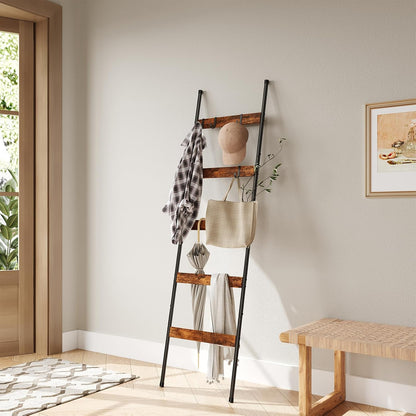 ELYKEN Blanket Ladder for Living Room, Farmhouse 5-Tier Quilt Holder with 4 Removable Hooks for Bathroom, Wood Towel Rack Display, Wall Anchor Leaning Decorative Stand for Home, Rustic Brown