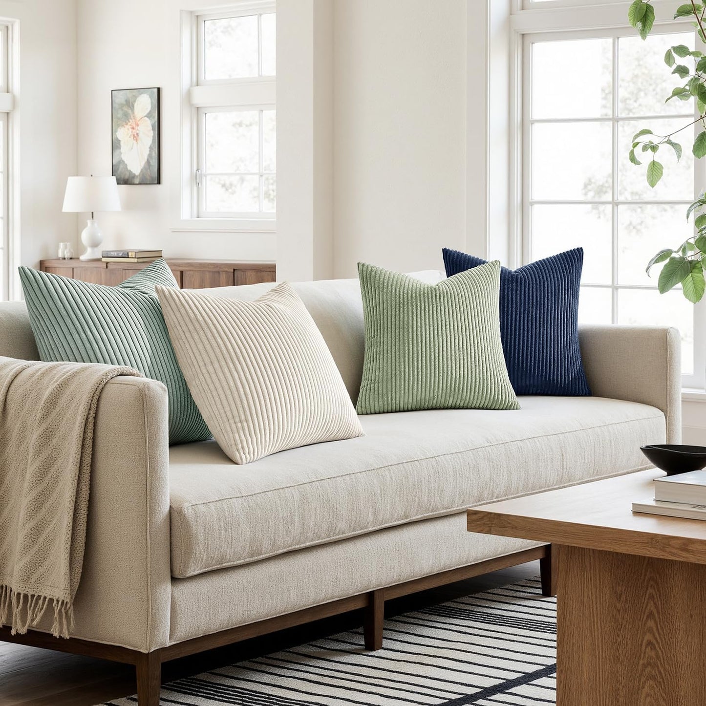MIULEE Boho Farmhouse Sage Green Throw Pillow Covers 18x18 Inch Set of 4 Mordern Nordic Cushion Covers Soft Corduroy Spring Home Decor for Couch Bed Sofa Living Room Forest Green