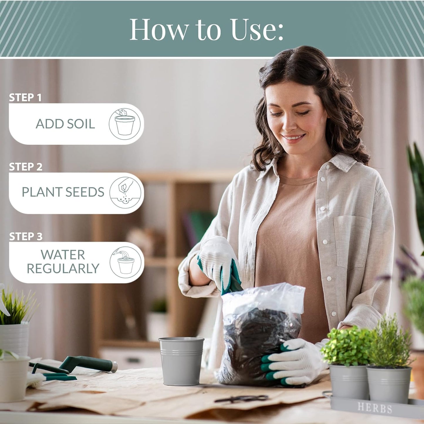 Barnyard Designs Indoor Herb Garden Planter Set with Tray, Metal Windowsill Plant Pots with Drainage for Outdoor or Indoor Plants, Set/3 (White)